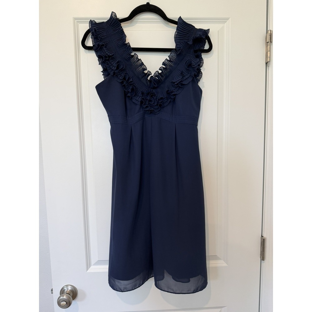 Lilly Pulitzer Navy Blue Ruffled Chiffon V-Neck Sleeveless Shift Dress Size 6